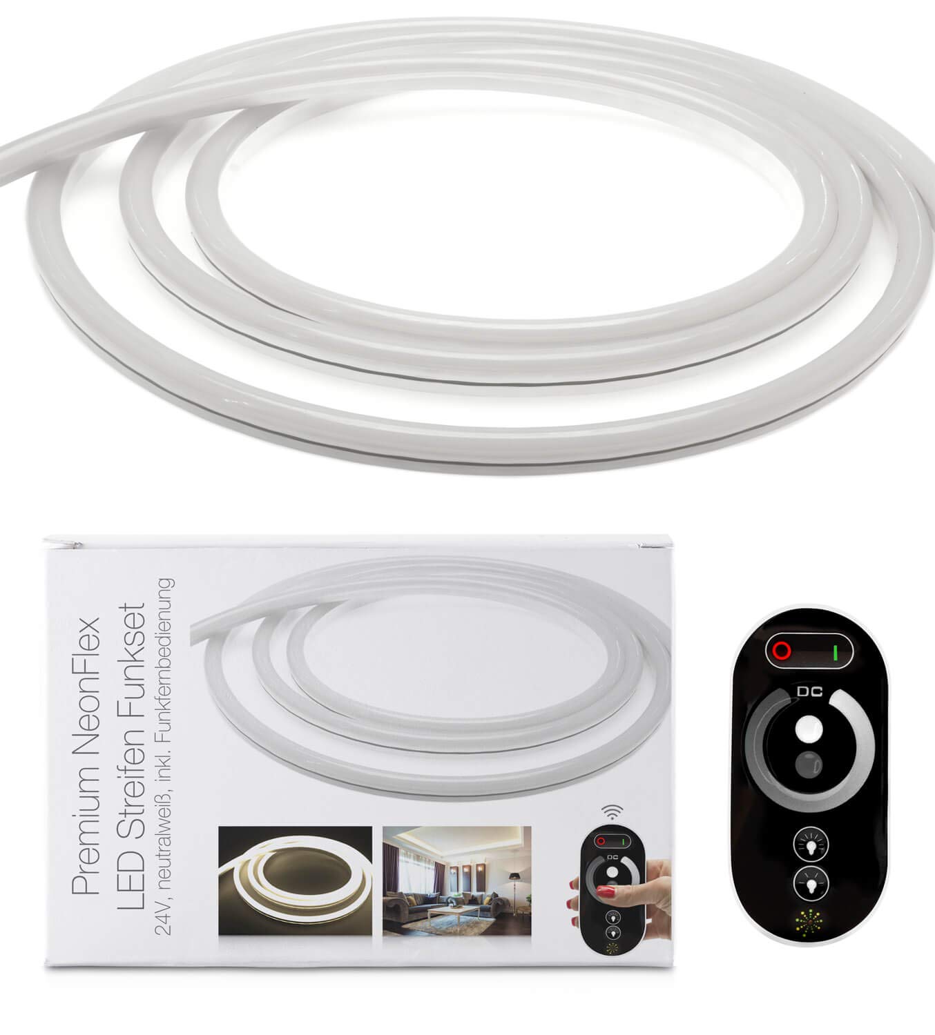LED Universum Premium Tiras de Neon Flex, juego de radio, 6m, 24V, blanco neutral, IP68, incluyendo mando a distancia de radio, controlador y fuente de alimentación