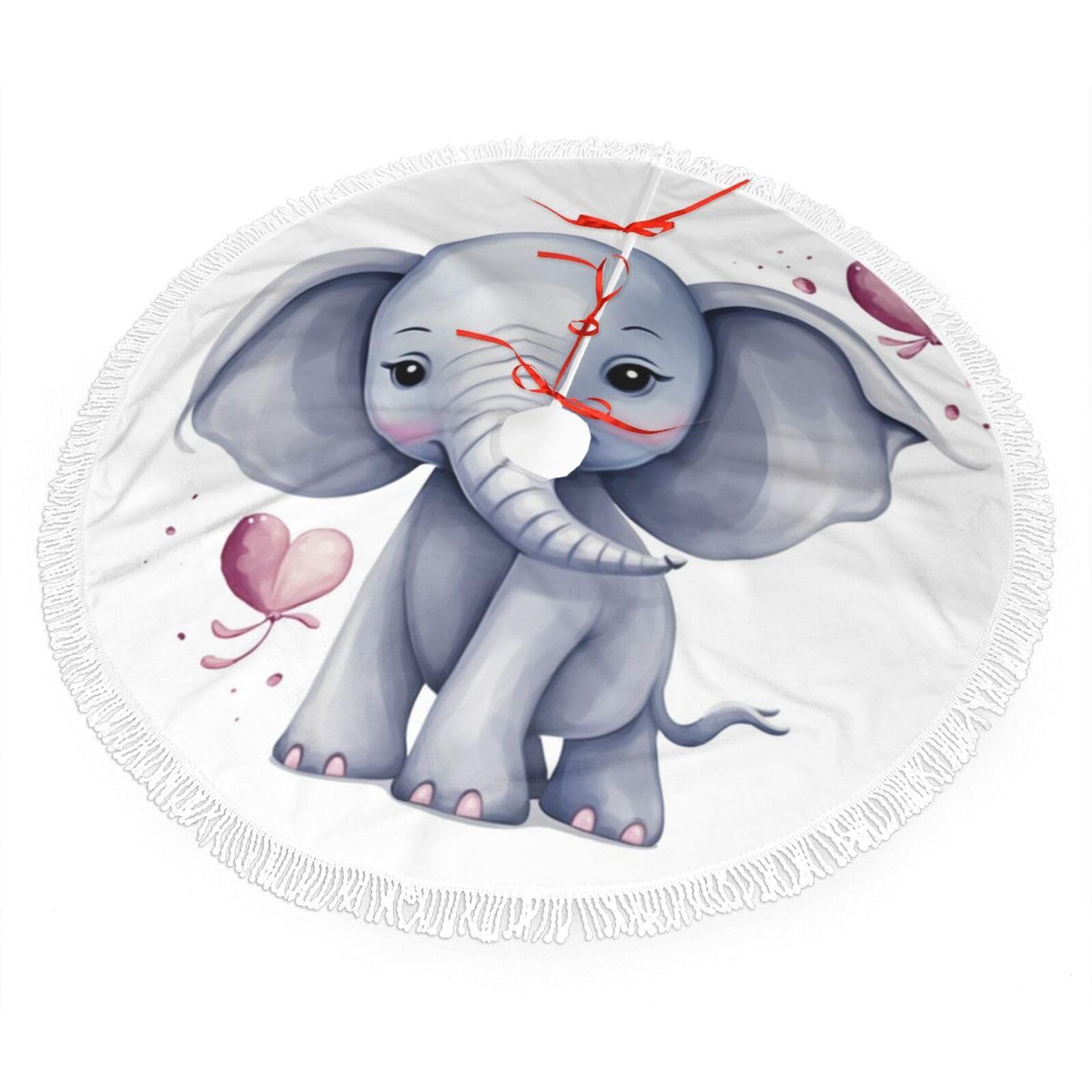 Cute Elephant Christmas Tree Skirt 30", Soft Plush Xmas Tree Carpet with Tassel Christmas Ornaments Winter Holiday Tree Mat Decoration for Home Party Supplies