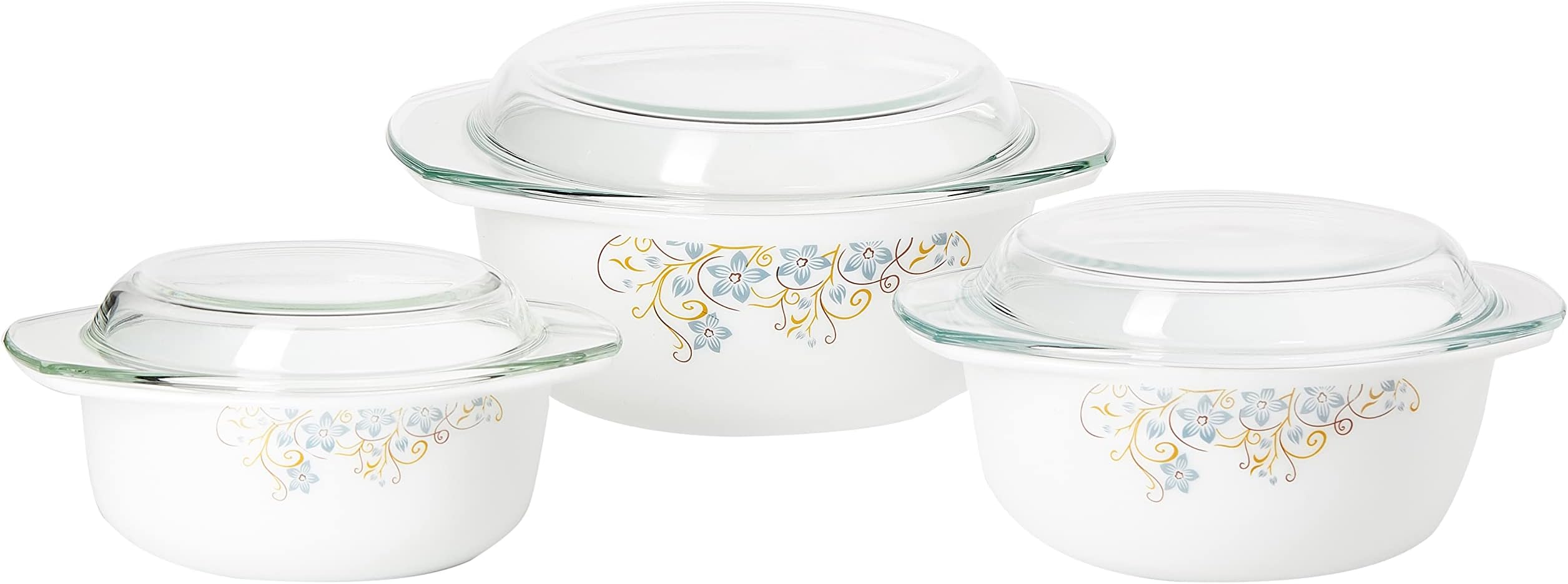 Delcasa Premium Opal Ware Casserole Set 3 Pcs, Light Weight, Dc2136 - Stackable Food Storage Casserole Set, Transparent Lids Round Food Storage, Elegant Floral Design, Oven-Safe, Multi