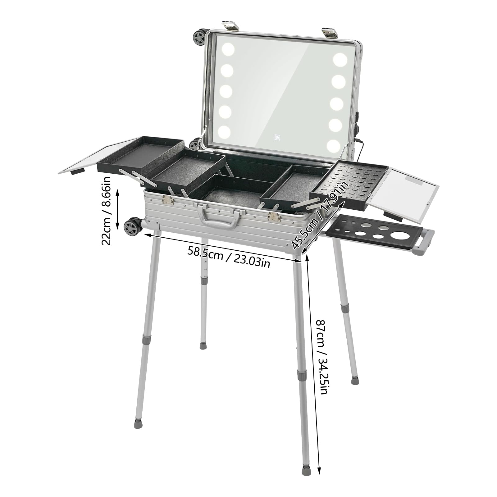 Walizka na kosmetyki 3 w 1, walizka na kółkach, 24", zamykana aluminiowa walizka na kosmetyki z rolkami, regulowanymi nogami, lustrem i oświetleniem LED, przenośny organizer do makijażu dla