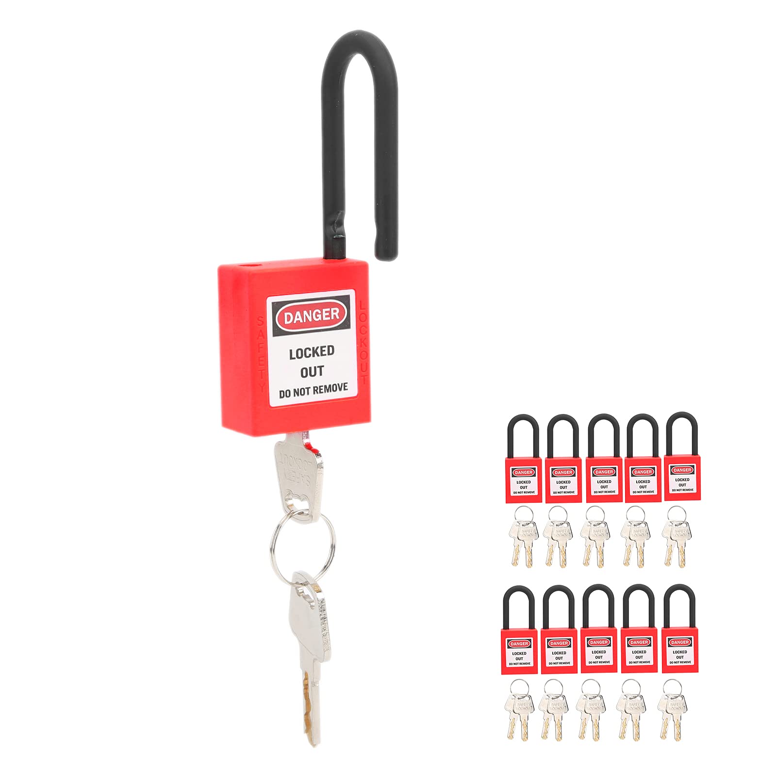 SIXRUN Candado de Seguridad PA de Nailon con Bloqueo y Etiquetado, Paquete de 10 Dispositivos de Bloqueo con Llave de 38 Mm con Diseño de Etiqueta de Grillete No Conductor para Uso Eléctrico (rojo)