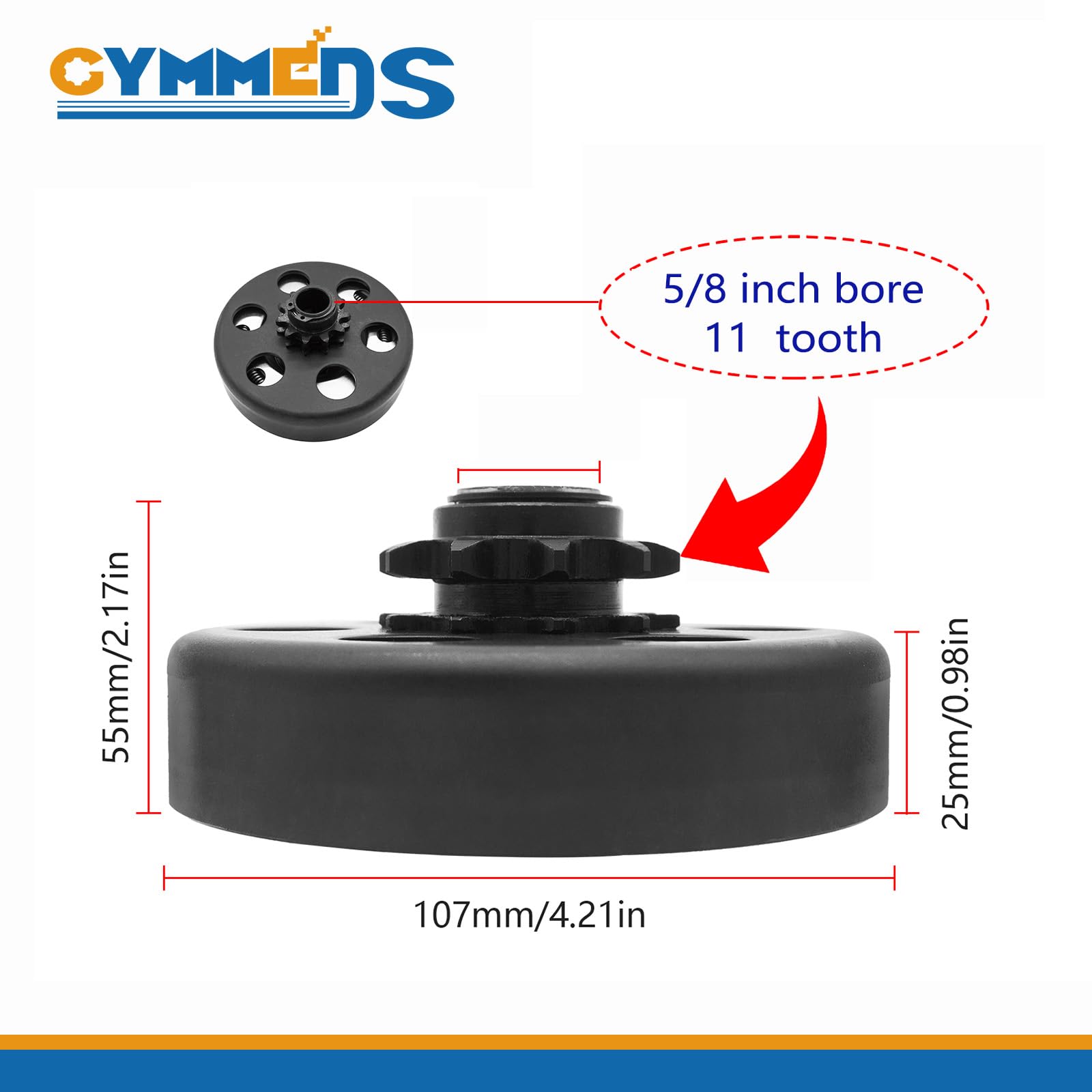 Embrague Go Kart de 5/8 pulgadas de diámetro de 11 dientes para cadena #35, embrague centrífugo. Perfecto para MiniBike, Go Kart, cortacésped y motor Fun Kart. Incluye kit de pernos y