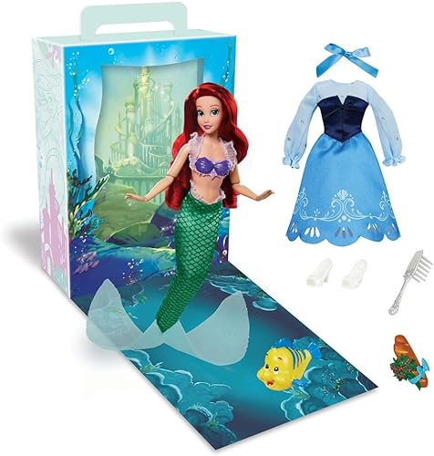 Disney Store Muñeca Princess Story para niña (Ariel de The Little Mermaid) de 11 pulgadas, incluye libro para colorear y vestido adicional, muñeca