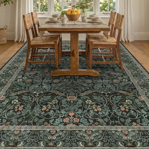 Boho 8x10 Rugs for Living Room, Dark Green Moody Washable Area Rugs for Bedroom, Dining Room Under Table, Playroom, Non Slip Low Pile Oriental Floral Woodland Flower Olive Accent Carpet by Evyhood - Used condition - Image 6