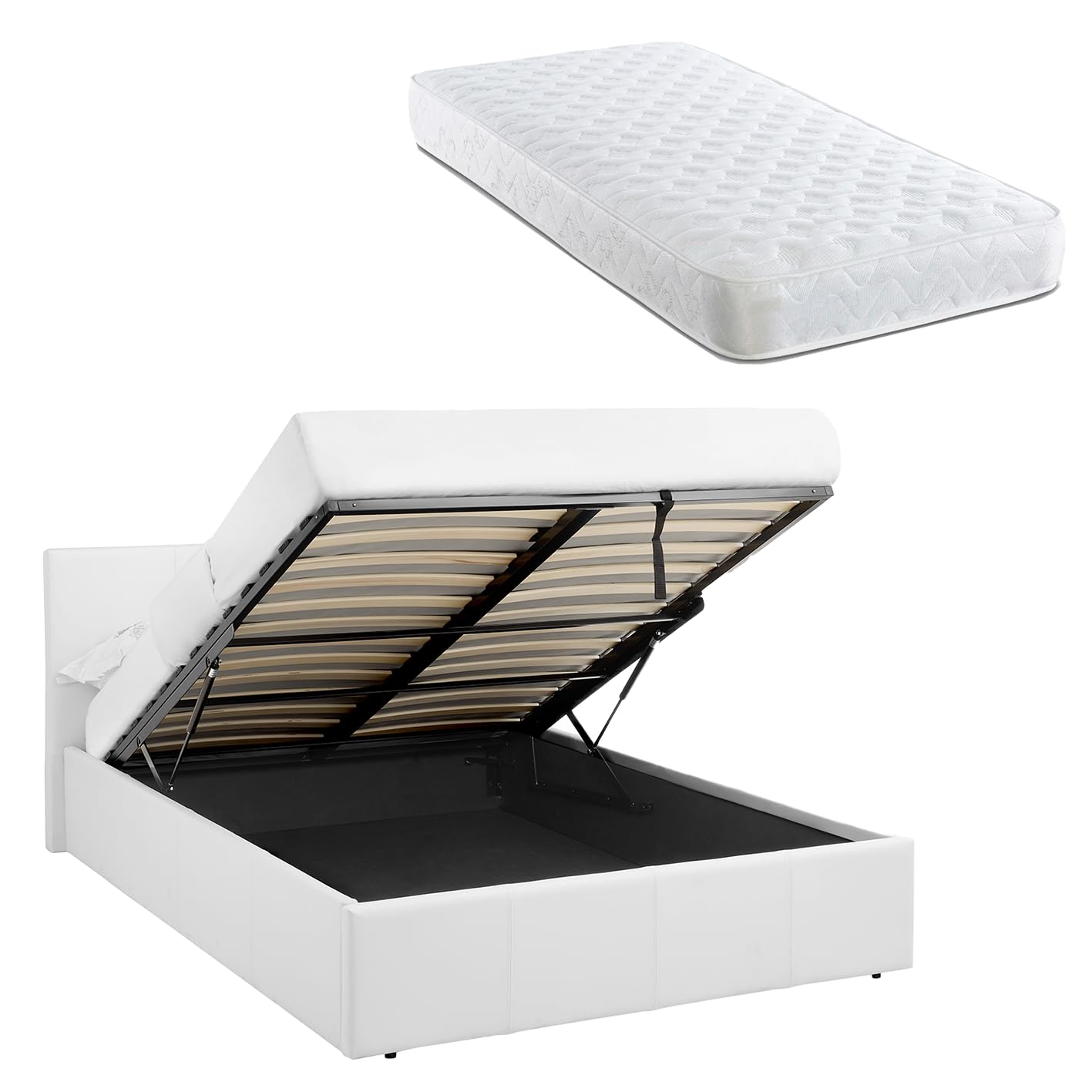 LUNA - UK 4FT Small Double Gas Lift Up Ottoman Storage Faux Leather Space Saving Bedframe (H:88.5cm x W: 138cm x L: 203cm) (White)
