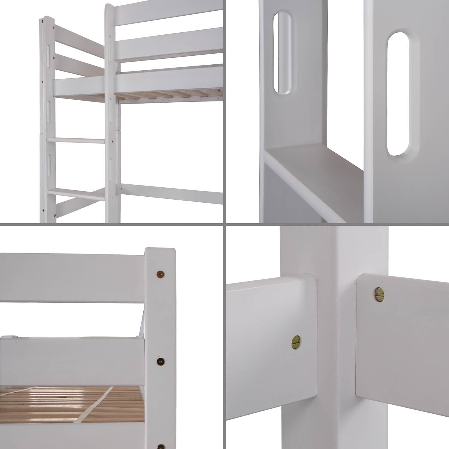 Staboos Hochbett Leni 90x200 cm Kinderhochbett mit Leiter und Rausfallschutz – Massivholz Kernbuche Weiß lackiert mit Rollrost, bis 120 kg belastbar (Weiß, HB-017)