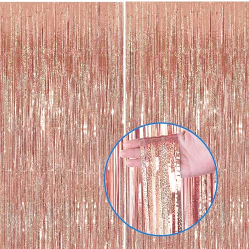 Jonami Tende Metalliche Rosegold a Brillantini, Orpelli Rosaoro e Festoni Lamina Frangia Rose Gold per Sfondo Fotografico e Decorazioni Festa Compleanno -2Pz-