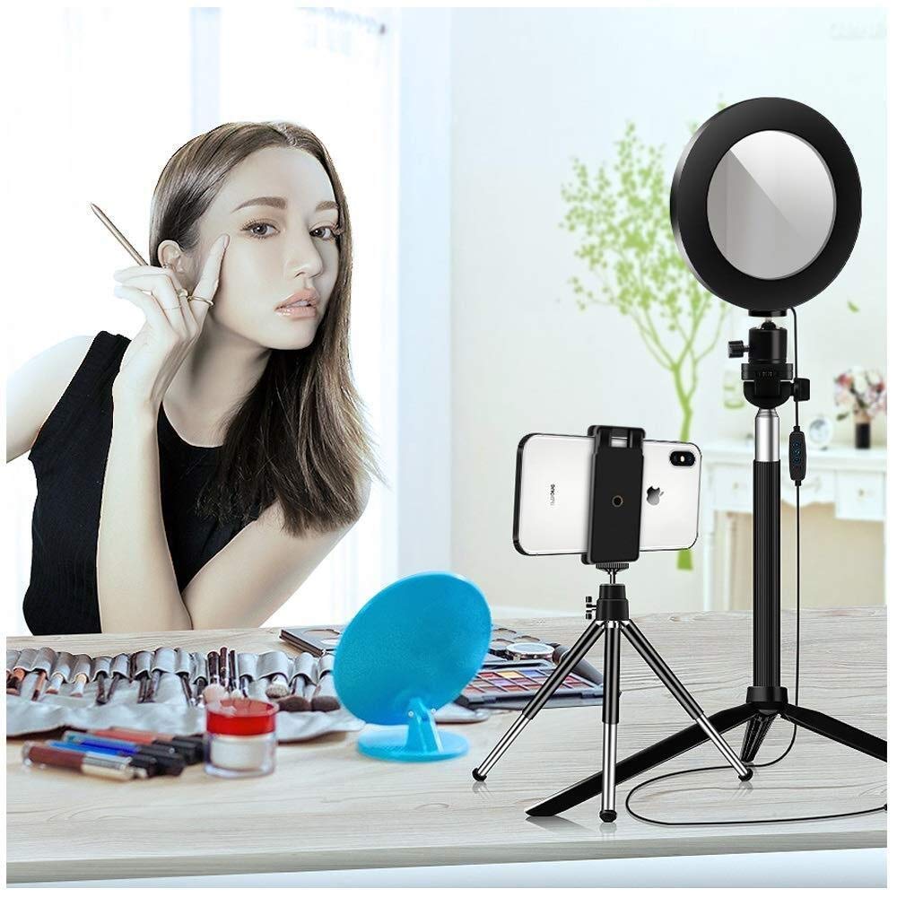 Luce ad anello a LED da 8,7 pollici con specchio per il trucco con supporto per treppiede e supporto per telefono flessibile per video e trucco di YouTube, lampada a LED da tavolo regolabile