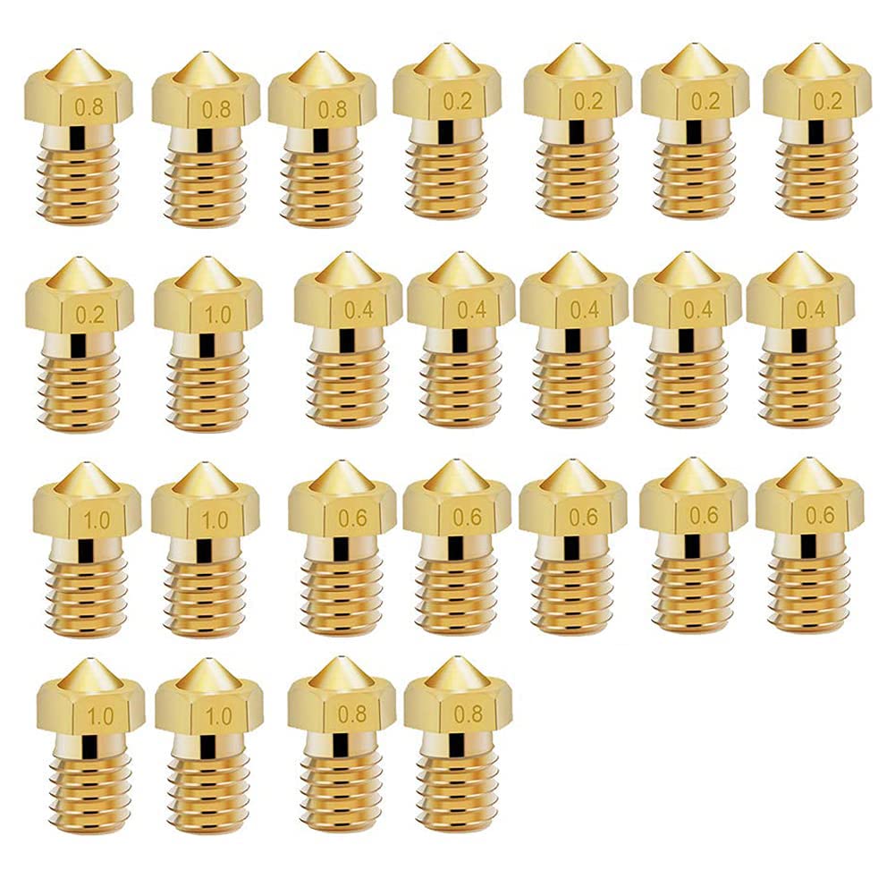 KASTWAVE Printer Nozzle AE 25 PCS 3D, 0.2/0.4/0.6/0.8/1.0 mm Hardened Steel Nozzle for ABS/PLA 3D Printer Makerbot Creality CR-10 (Gold)