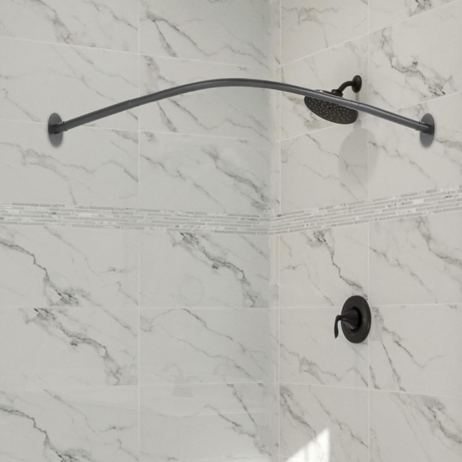 Luxshiny Adjustable Curved Tension Curtain Rod Black Telescoping Shower Curtain Rod for Bathroom Window No-drill Installation