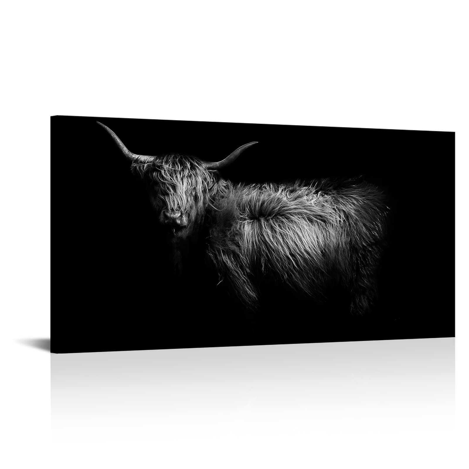 LevvArts Black and White Wall Art Canvas Highland Cow Pictures Painting Farm Animal Portrait Art Poster Artwork for Living Room Bedroom Modern Home Decor Ready to Hang 24"x48"