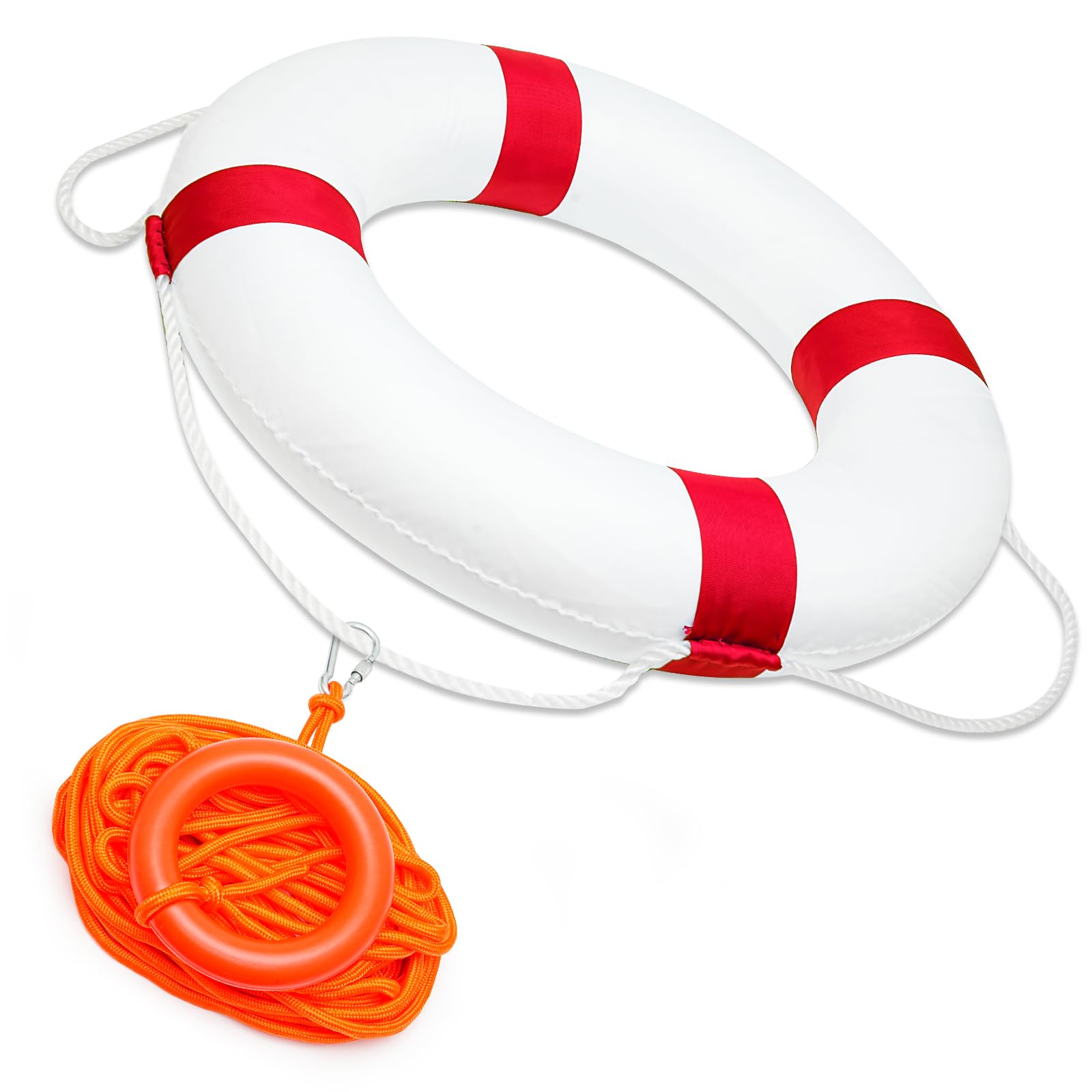 Pool Life Ring Buoy Life Preserver Ring with Lifesaving Rope Reflective Tape Yard Wall Decoration Red&White 10.6