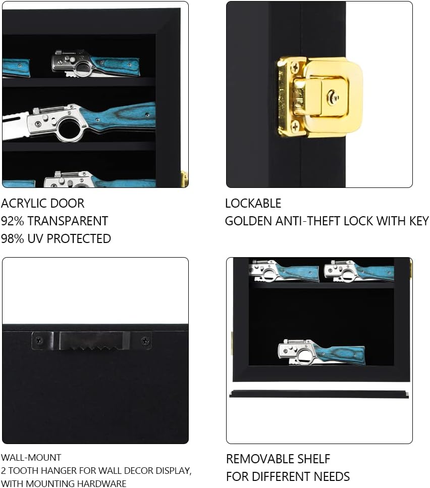 Grintus Pocket Knife Display Case Knife Collection Display Box for Wall Folding Knife Cabinet with Uv Protection Acrylic Lockable Black