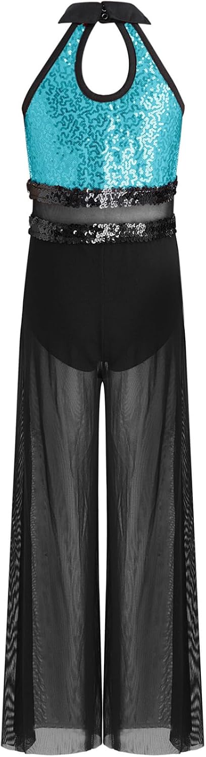 Kids Girls Pageant Romper Leotards Lyrical Dance Jumpsuit Latin Jazz Bodysuit Wide Leg Pants Dancing Gowns