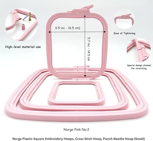 Miniatura 2 de Nurge Aro de bordado cuadrado de plástico rosa pequeño (No 2), aros de punto de cruz, aro de aguja de perforación, costura de manualidades, aros de