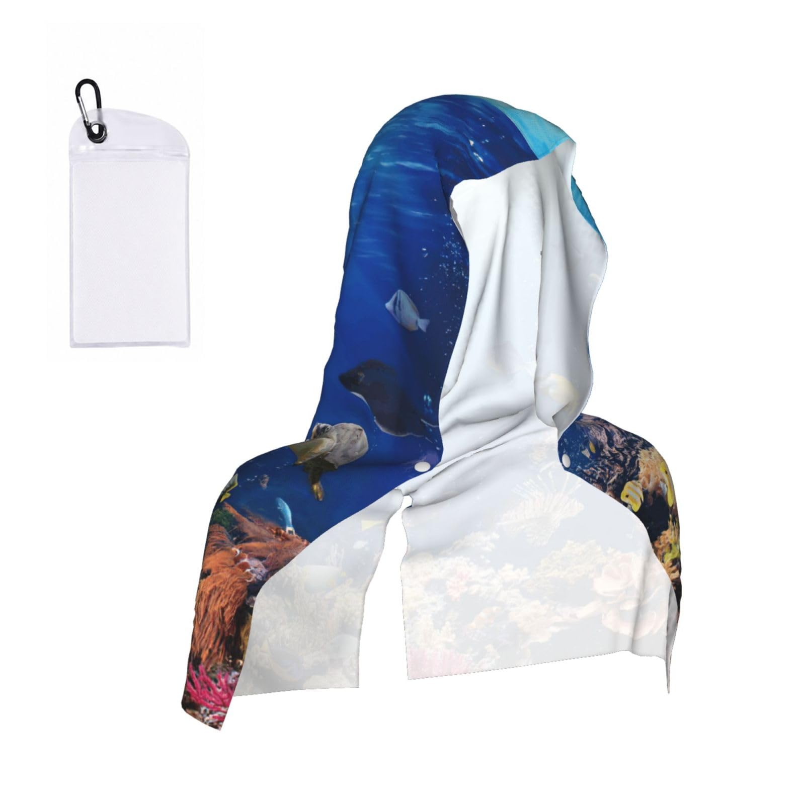 DUWAA Ocean Tropical Fish Turtle Shark Print Reusable Hoodie Cooling Neck Wrap, Hot Weather Outdoor Sports Workout Head Towel For Stay Chill