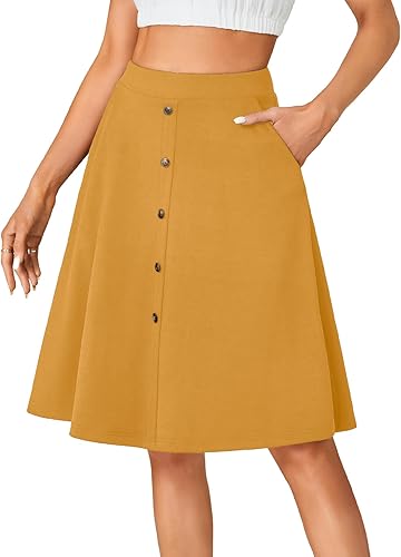LYANER Women's Stretchy High Waist A-Line Midi Skirt Flared Vintage Casual Skirt