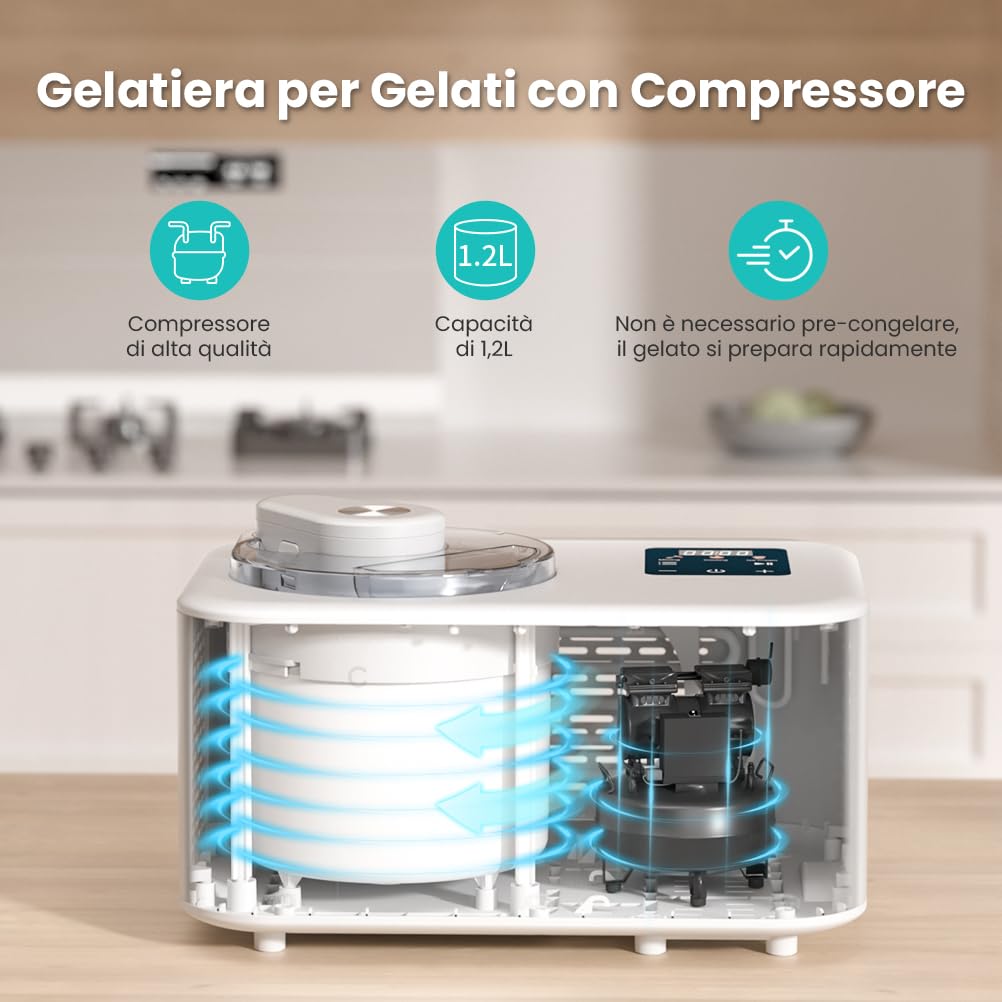 Gelatiera con Compressore 1,2L, Gelatiera per Gelato Professionale, Autorefrigerante Macchine Gelato, con Ciotola Estraibile in Alluminio/Paletta per Gelato/Tazze Graduate