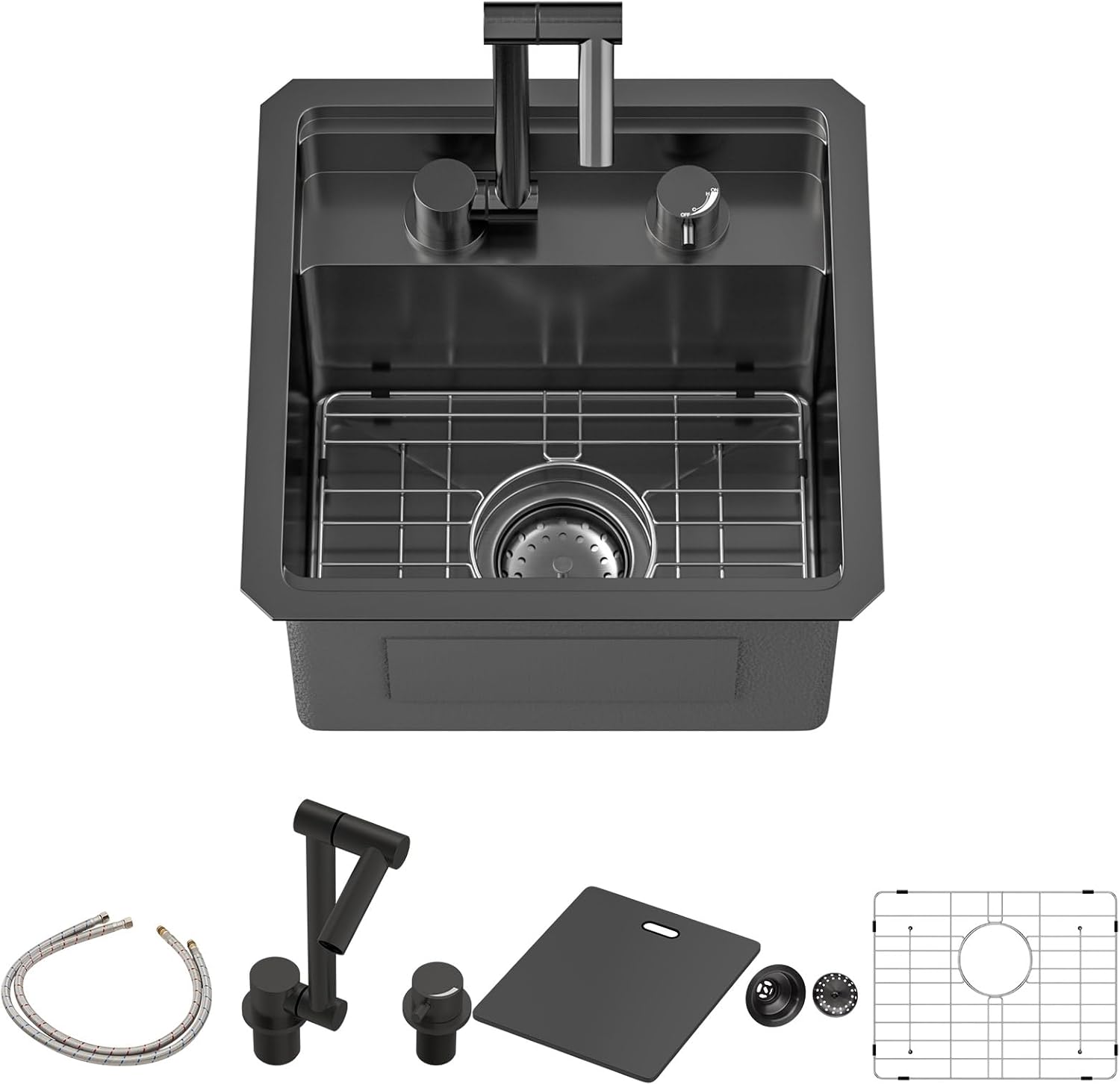 Sarlai Black Undermount Bar Sink With Foldable Faucet - 15x15 Inch Outdoor Black Kitchen Sink RV Workstation 16 Gauge Stainless Steel Single Bowl Handmade Outdoor BBQ Sinks with Lid