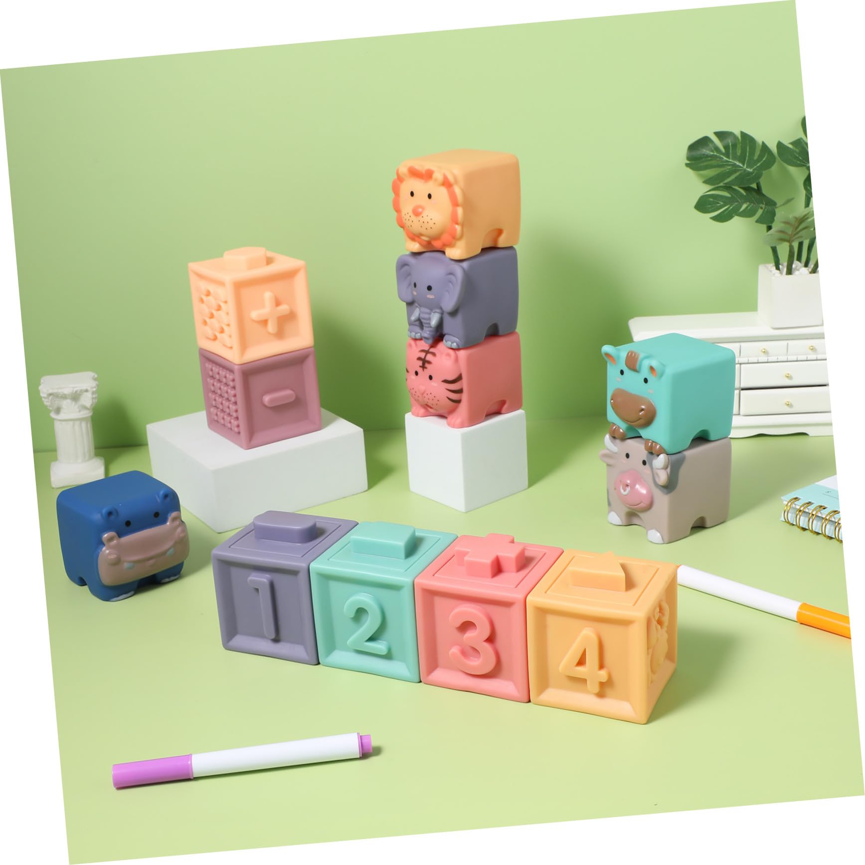 12 Piezas Bloques Blandos de Goma para Bebés Juguetes de Construcción Suaves con Formas de Animales y Números Educativo Seguro para Niñas Incluye Bolsa de Almacenamiento