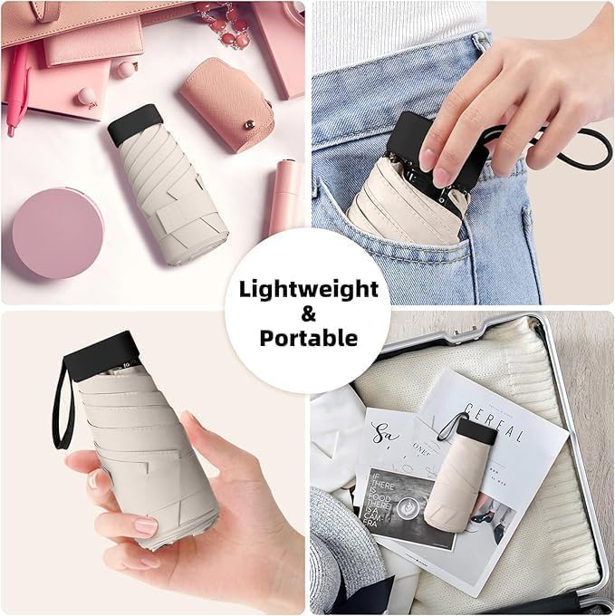 Image of WOOMZY UV Travel Mini Folding Ultra Compact pastel Umbrella with Case, Manual Open 6 Ribs Lightweight Portable, Small Sun & Rain Pocket Umbrella for Men and Women- Use in Rain & Summer (BEIGE)