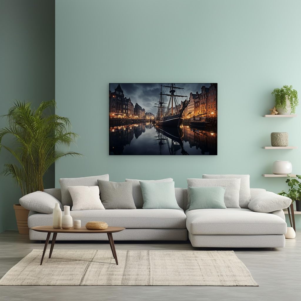 Canvas for Living room. Starlit Serenade by the River in a City of Lights, 27 x 18 inch Canvas Wall Art - Contemporary Masterpieces - Modern Home Decor - 69x46 cm (27x18 inch)