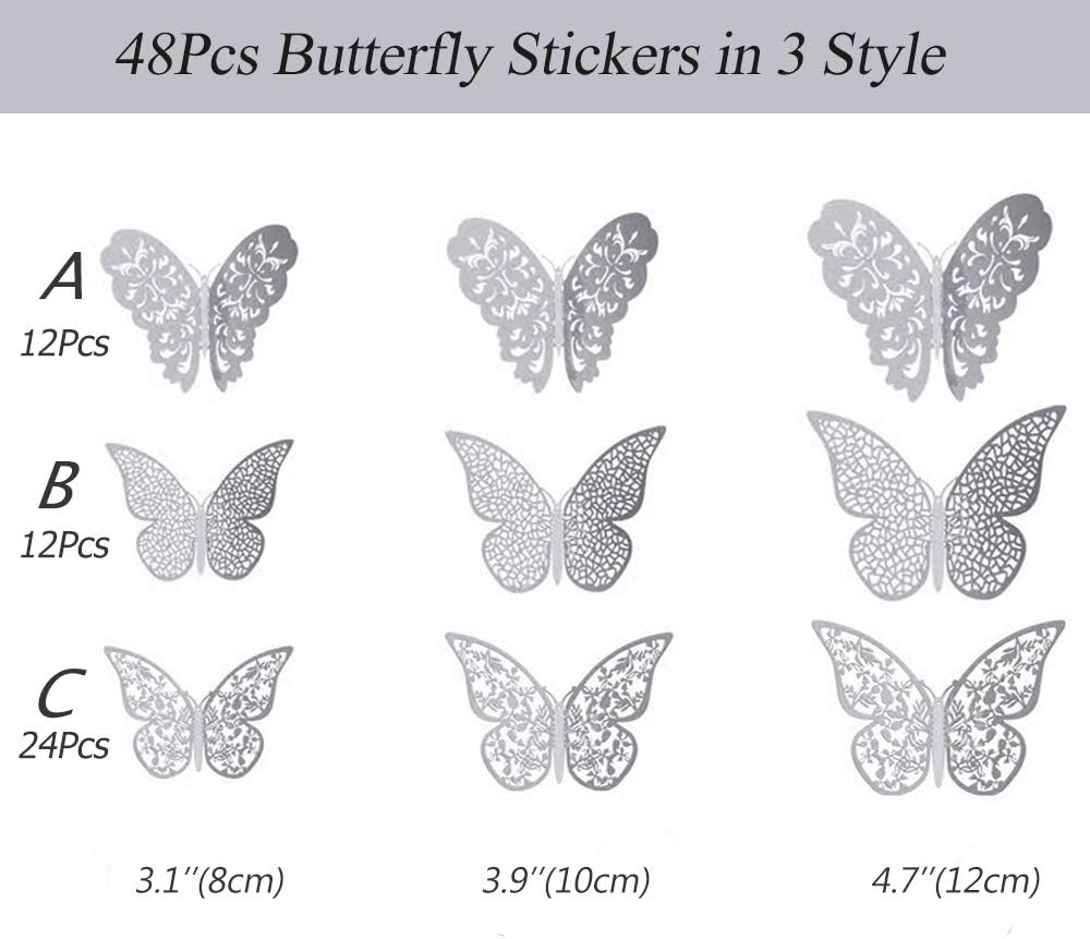 48Pcs Butterfly Decorations, Creatiee 3D Wall Decals|Metallic Art Sticker, DIY/Handmade/Removable/Pressure Resistance Paper Murals Gift for Home Kids Bedroom Nursey Party Décor (Silver)