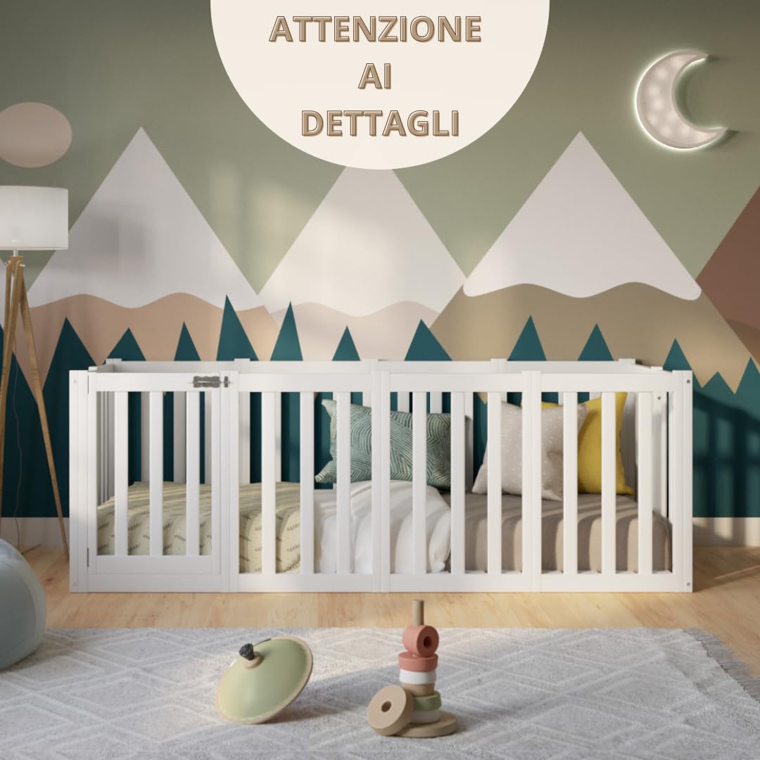 Letto per Bambini 180x90 cm – Letto Montessori a Pavimento con Alta Barriera di 73 cm Rimovibile – Legno Bianco con Superficie Liscia – Perfetto per Bambini e Bambine Crazy John