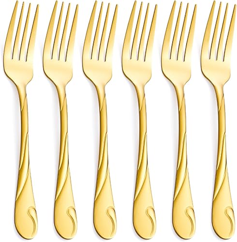 Juego de 6 tenedores de mesa dorados de acero inoxidable de 7.8 pulgadas, color dorado brillante