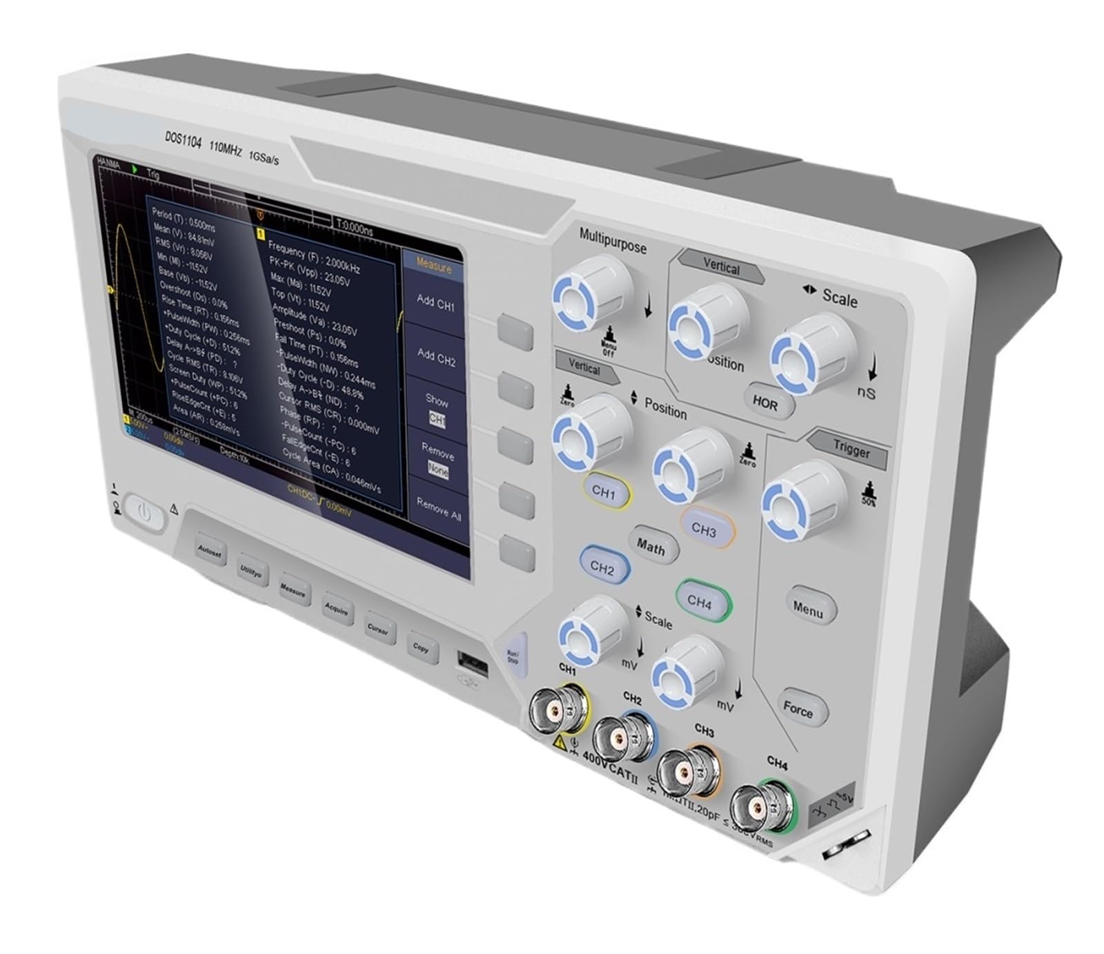 Oscyloskop cyfrowy 2/4 Szerokość pasma 110 MhZ 1GS/s Częstotliwość próbkowania 5 mV/Div 7-calowy oscyloskop stołowy z pamięcią TFT (DOS1102, EU)