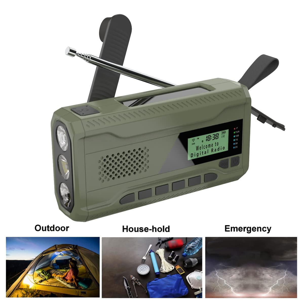 Radio/FM con Bluetooth Radio de Emergencia BateríA Incorporada de 4500Mah Receptor de Radio con Manivela Solar PortáTil Radio para Exteriores