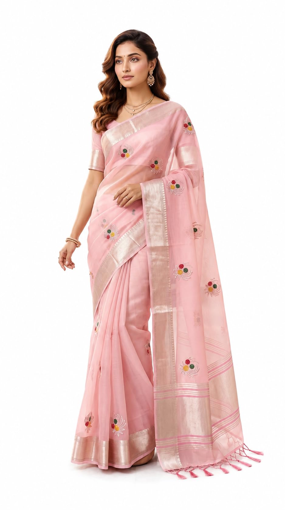 Women’s Light Pink Organza Saree with Designer Flower Buti Work & Ethnic Zari Border (Blouse Piece Included)-picture-42