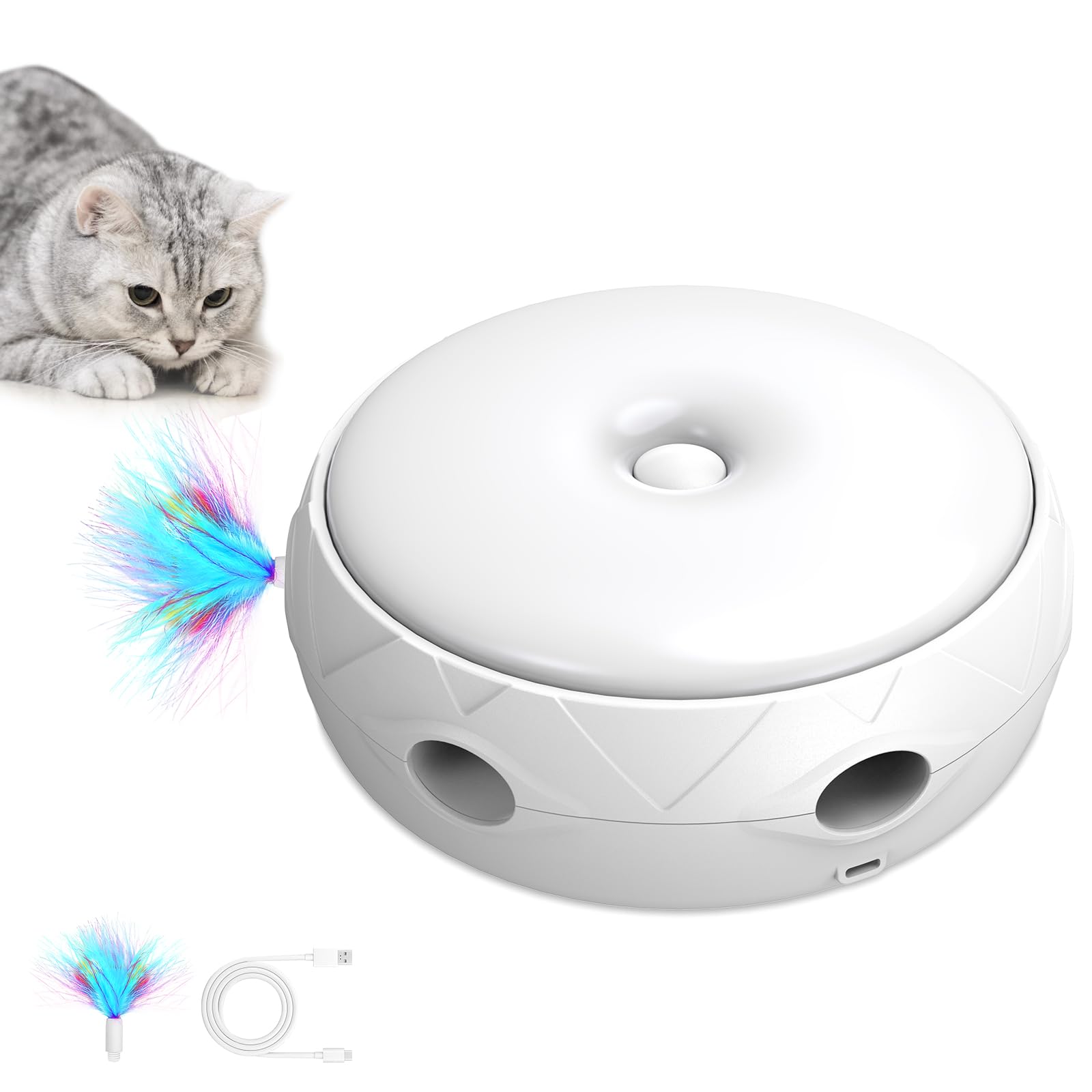 PETTOM Juguetes Gatos con 2 Plumas, Juguetes Interactivos para Gatos 3 Modos Juguete para Gatos Automático Giratorio Inteligente Cat Toys, Baterias Incluidas