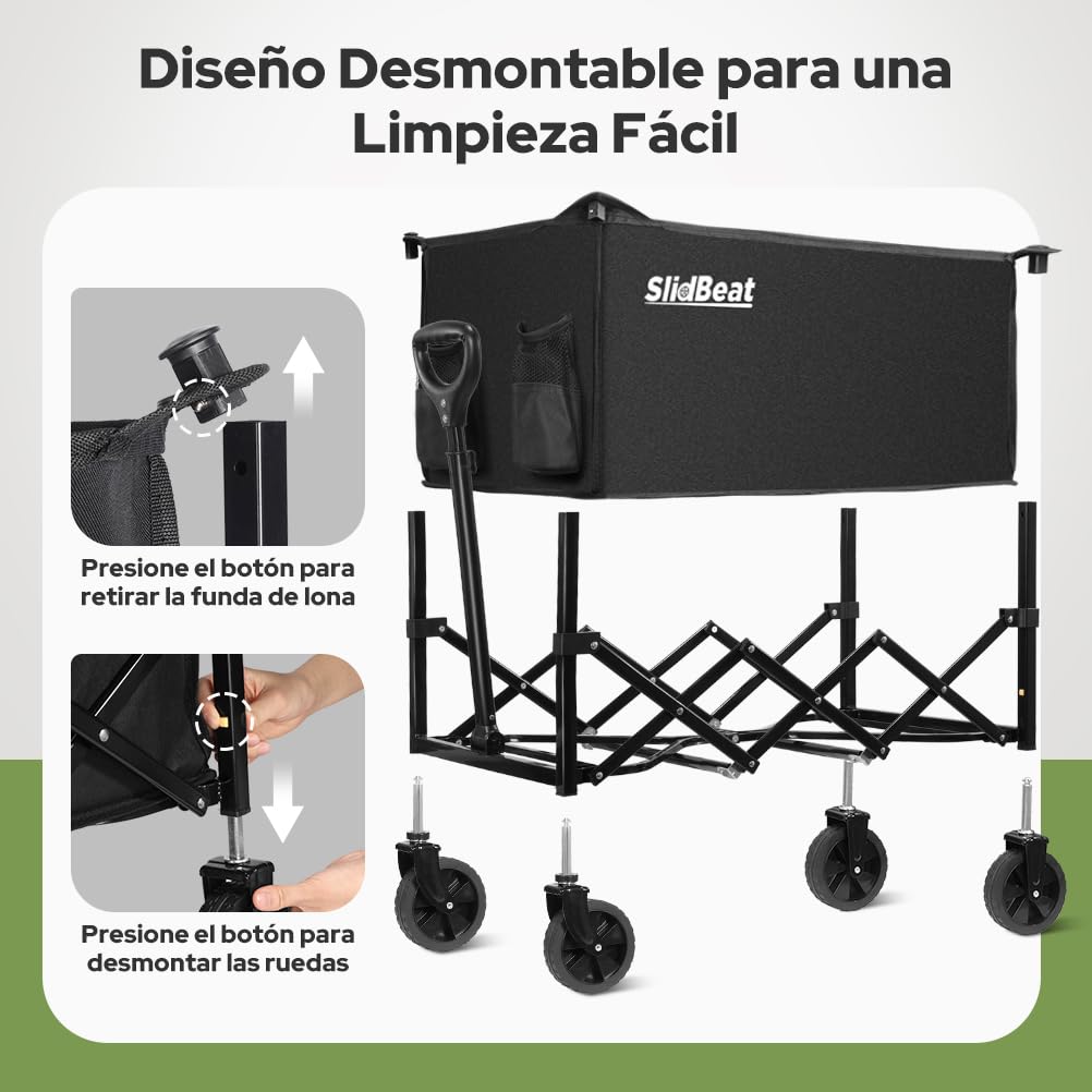 SLIDBEAT 120KG Carro Plegable, Montaje Rápido, Carrito Transporte con 4 Ruedas Todo Terreno 360° Desmontables, Mango Ajustable, para Supermercado Jardín Festivales Playa y Herramientas