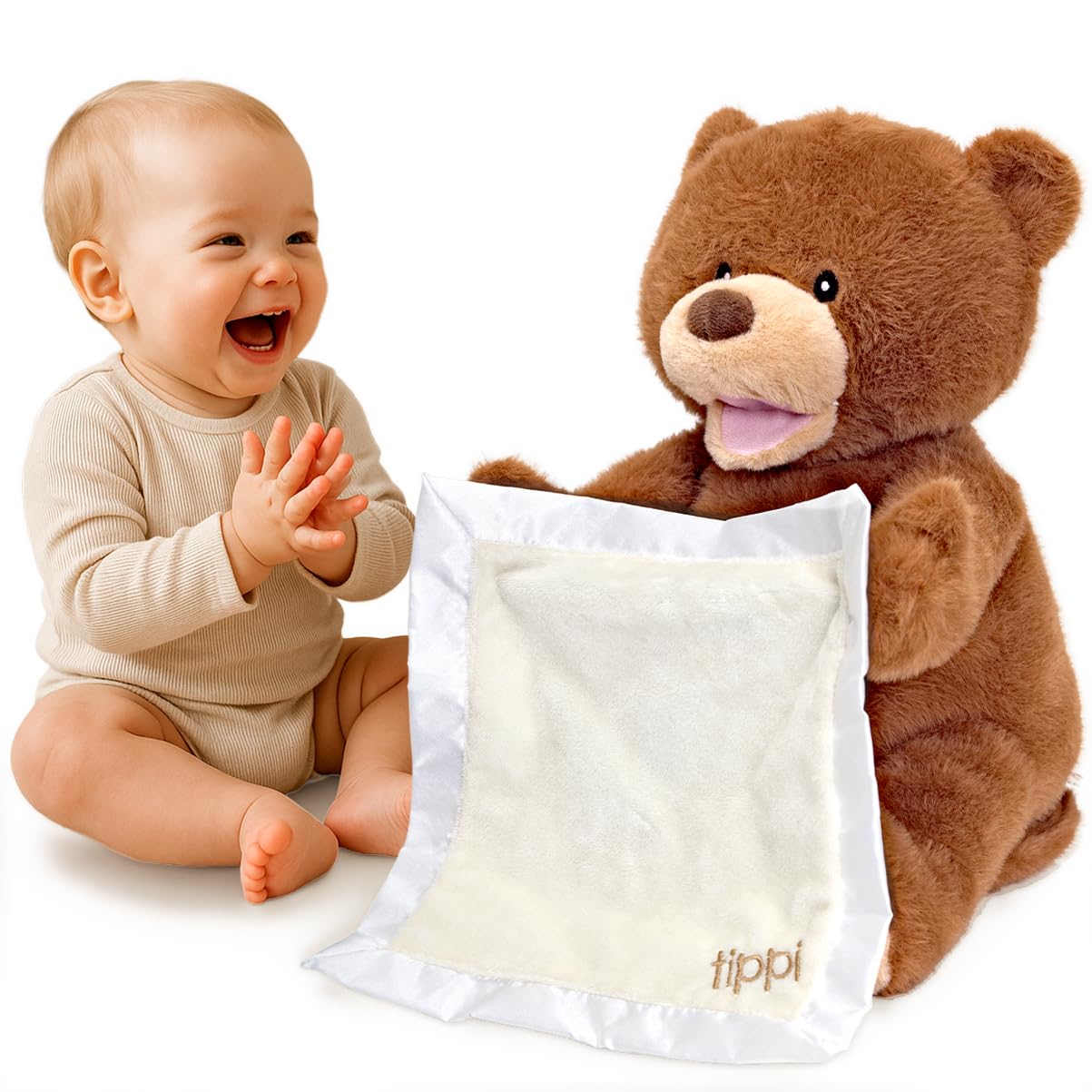Tippi Peek a Boo Teddy Bear Toy - Interactive Talking Teddy With Comforter - For Newborn Baby Boys or Girls - Soft Toy Peekaboo Bear For Babies 0-12 Months +