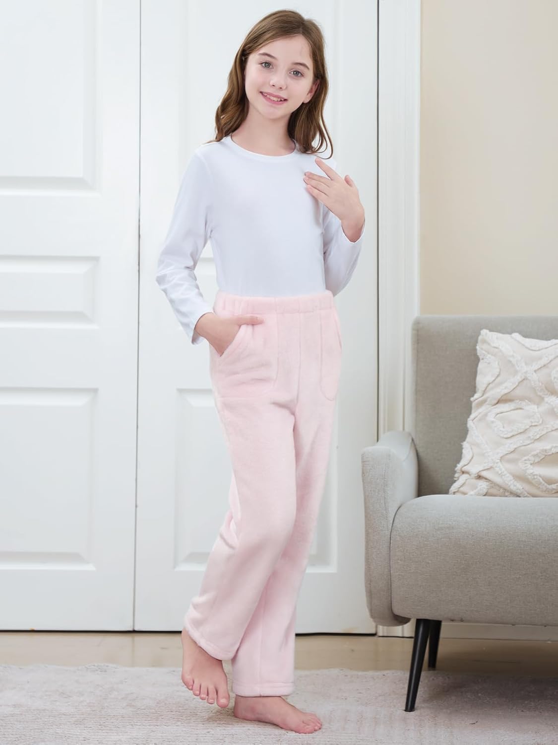 Umeyda Girls & Women Pajamas Pants Soft Fleece Fuzzy Plush Lounge PJ Bottoms with Pockets for Kids, 6Years-XL - Image 5