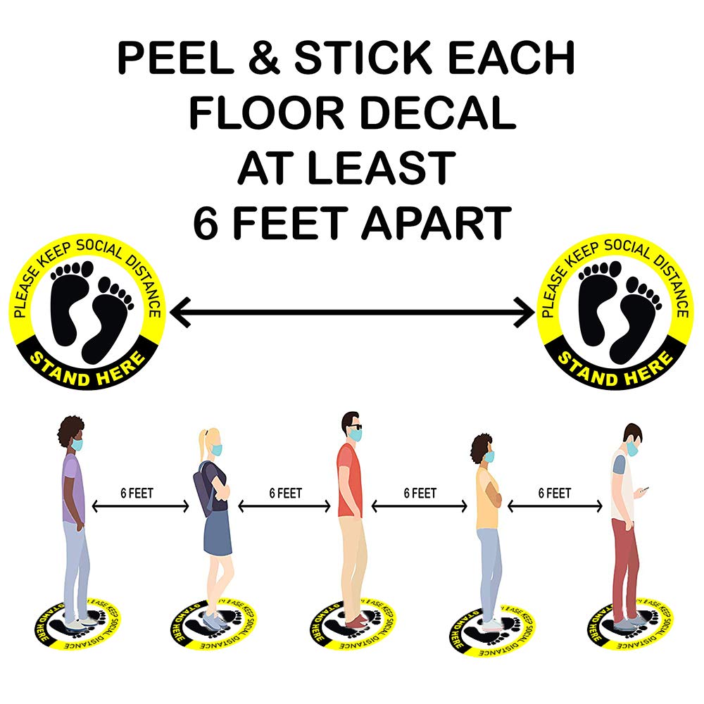 10 Pack Social Distancing Floor Decals, 12 Inch Non-Slip Distance Signs Reminder, 6 Feet Apart Floor Stickers, Removable Adhesive Safety Floor Markers- Yellow: Industrial & Scientific