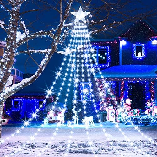Outdoor Christmas Decorations, 3.5M Star Lights LED Waterfall Christmas Lights 8 Modes Waterproof Christmas Tree Fairy Lights Outdoor String Lights for Xmas Tree Home Party Garden Bedroom (White)