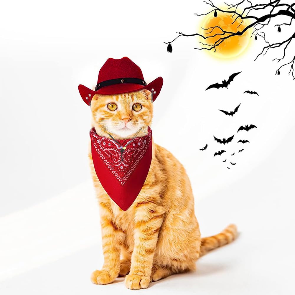 Produktbild von Eorbow Cowboy-Kostüm Set Für Haustiere - 2 Hüte & 2 Bandanas, Für Hunde & Katzen, Western-Party