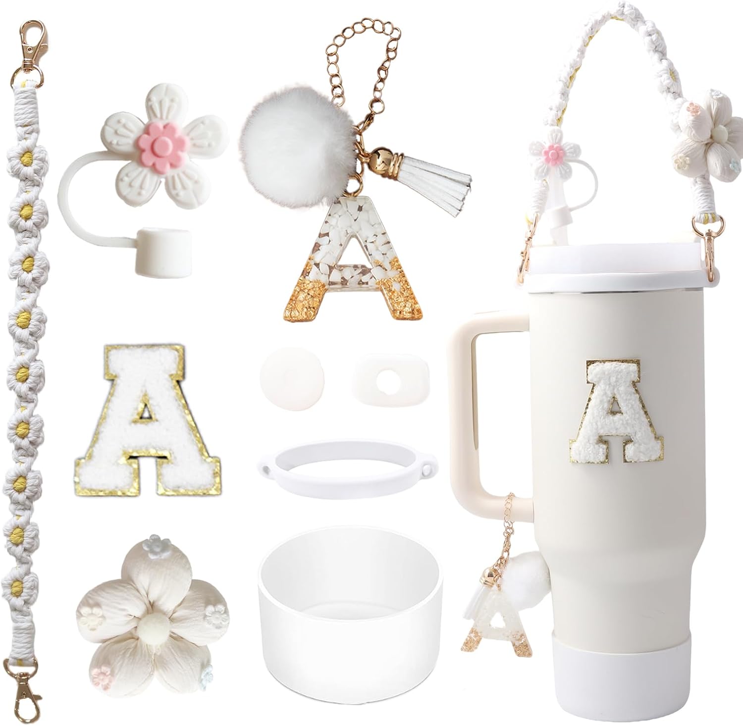 Cup Accessories Set for Stanley Cup 30oz 40oz Tumbler-Letter A,White