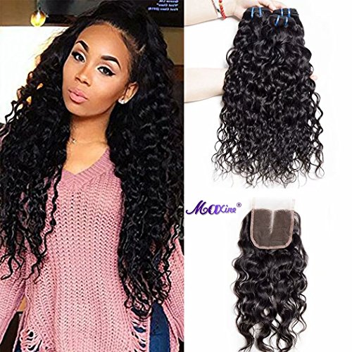 Brazilian Water Wave 3 Bundles with Closure Unprocessed Virgin Hair with 4"4" Lace Closure Middle Part Natural Color 16 18 20+14inch