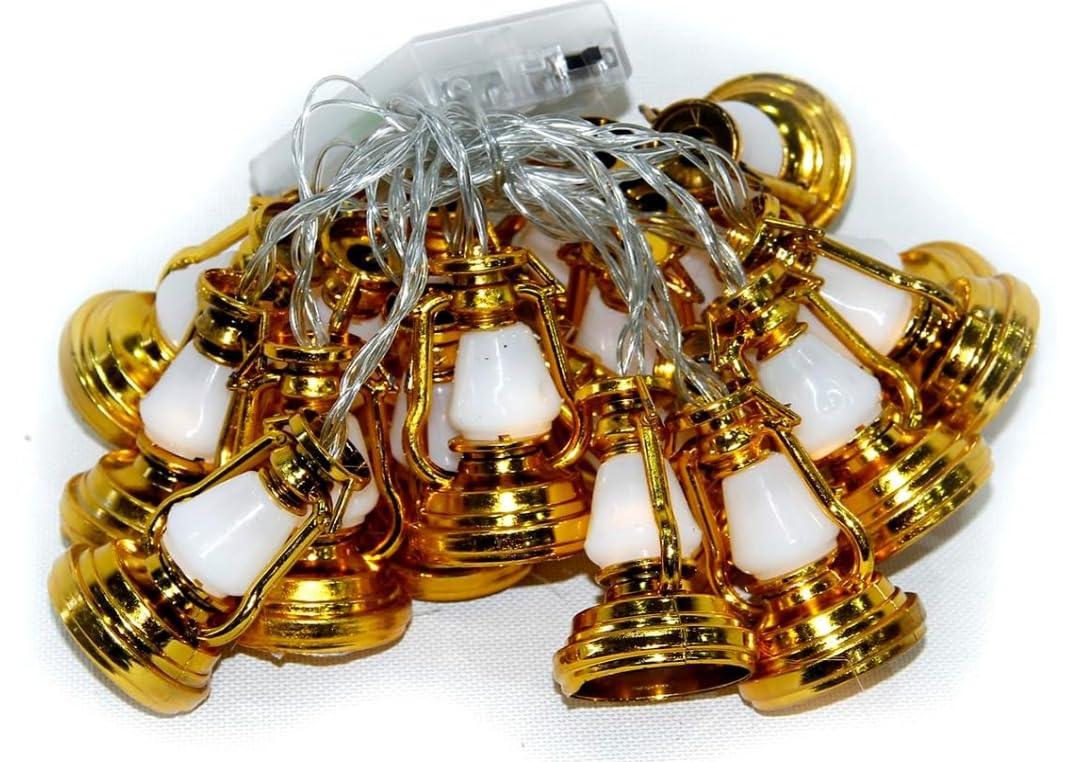 Generic Ramadan LED String Lights in Dubai: 6.5 Feet 20 LEDs Eid Mubarak Fanoos Palace Lantern Lamp for Islamic Home Garden Decoration, Battery Operated, Indoor/Outdoor (Warm White) (Lantern)