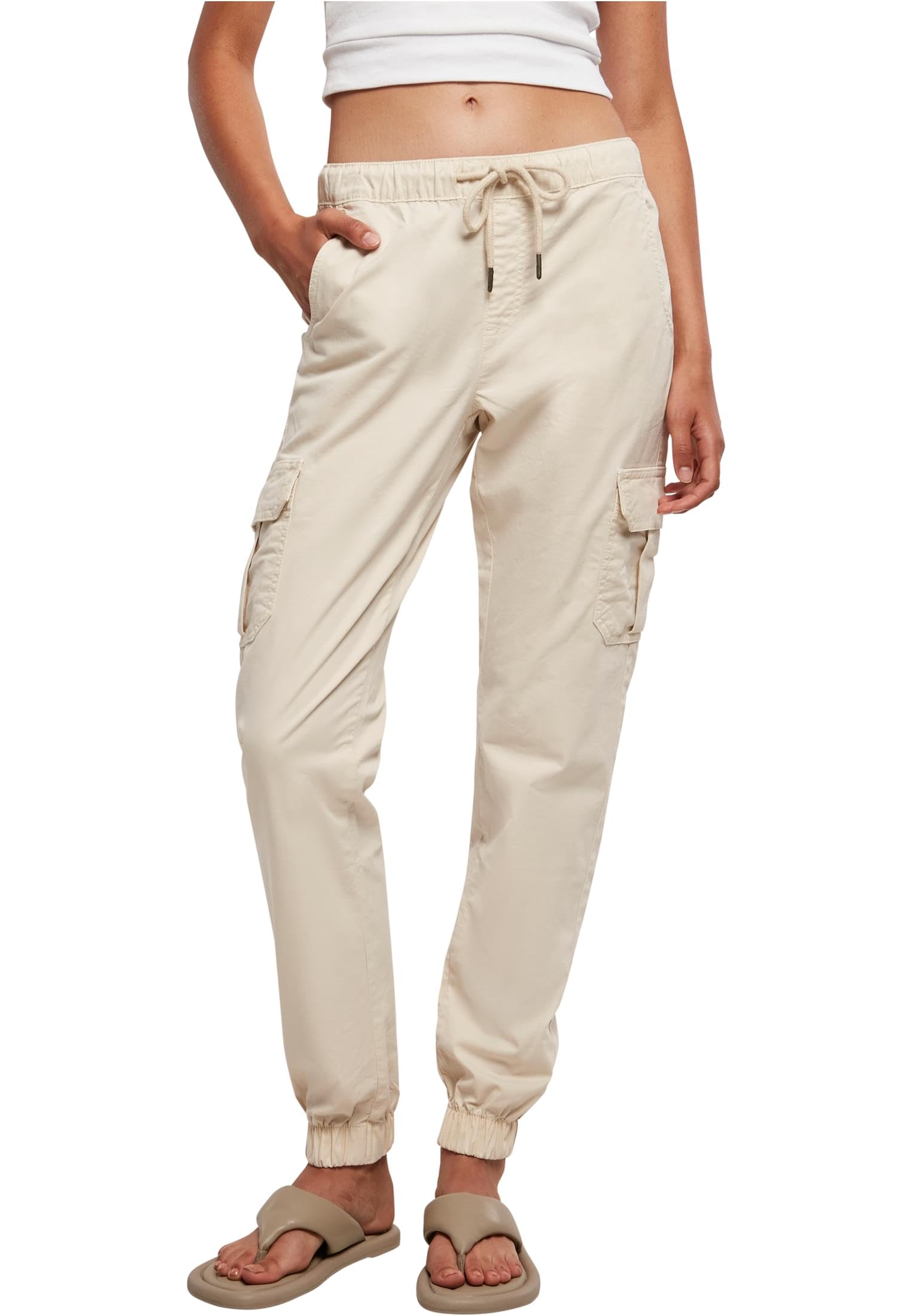 Urban Classics Women's Ladies High Waist Cargo Jogging Pants Pants, Whitesand,