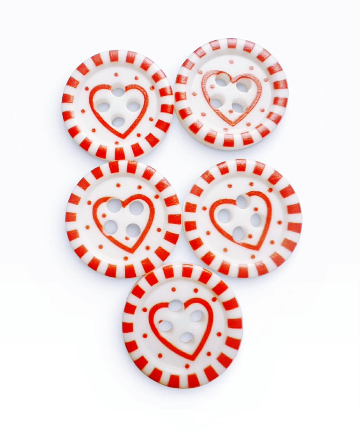 Round Resin White Buttons with Red Dots and Heart Design, 4-Hole, Pack of 5