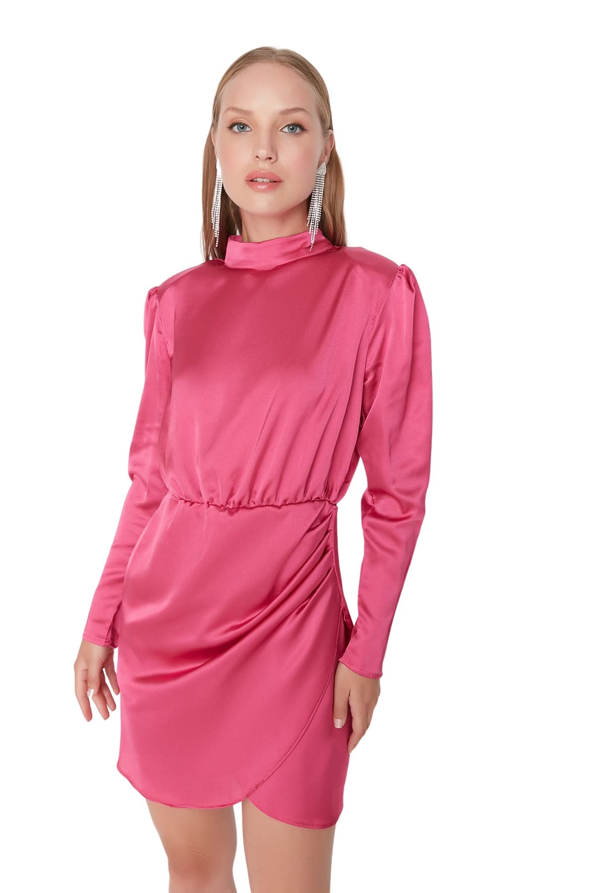 TRENDYOL Damen Trendyol Woman Mini Bodycon Asymmetrischer Kragen Gestrickt Kleid, Rosa, 42 EU