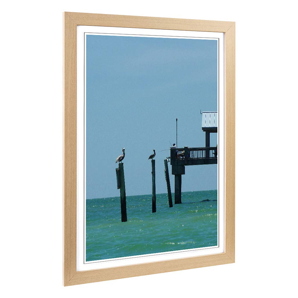 Big Box Art Framed Print of Fishing Pier with Pelicans Seascape Design | Wall Art Picture | Home Decor for Kitchen, Living Room, Bedroom, Hallway, Oak, A2 / 24.5x18 Inch / 62x45cm