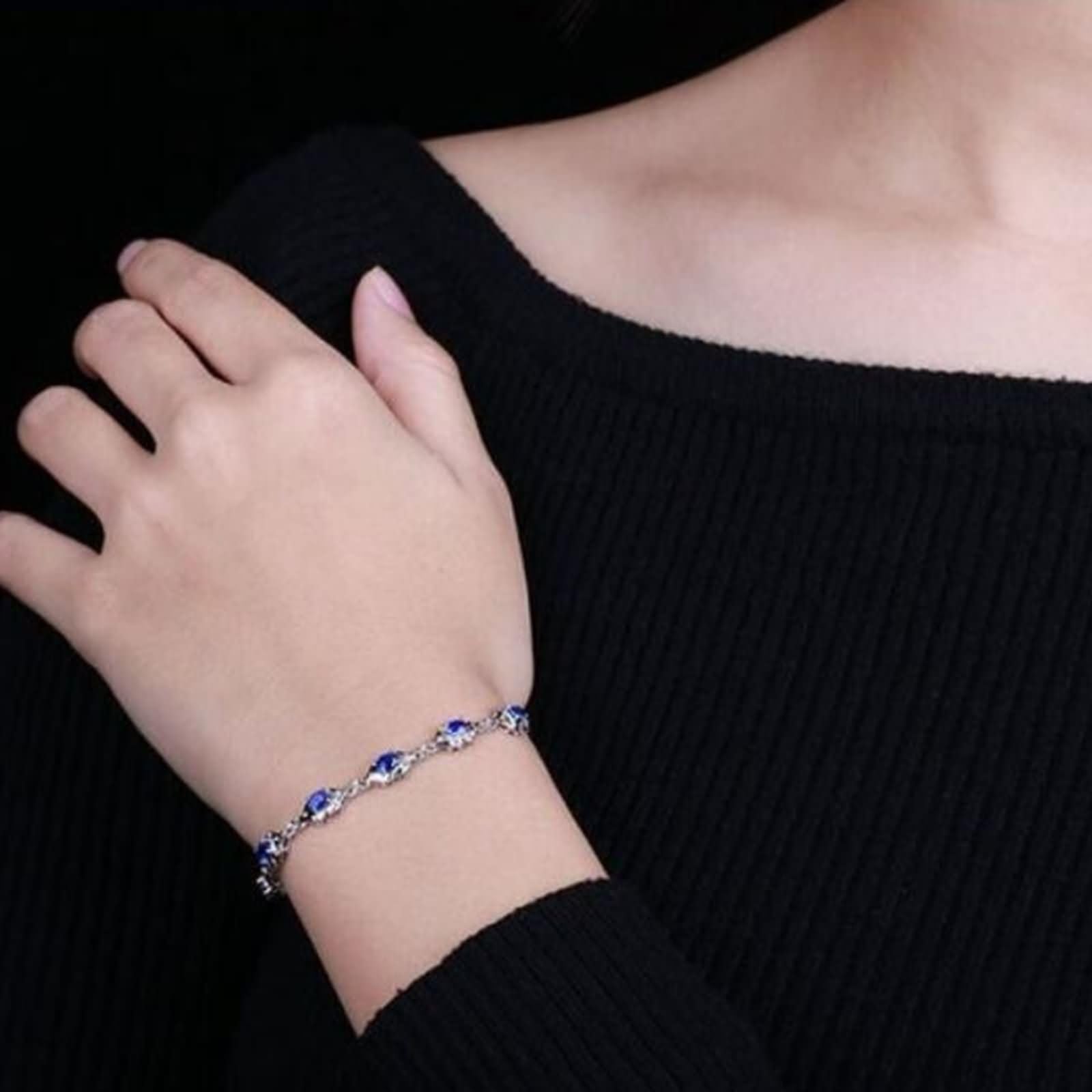 Pulsera Mujer de Oro Blanco 9 Kilates / 14 Kilates / 18 Kilates, Oval con Zafiro Creado de 1,79 ct y Moissanita, Cadena Extensible 16 CM + 5 CM, Pulsera Mujer de Plata Azul