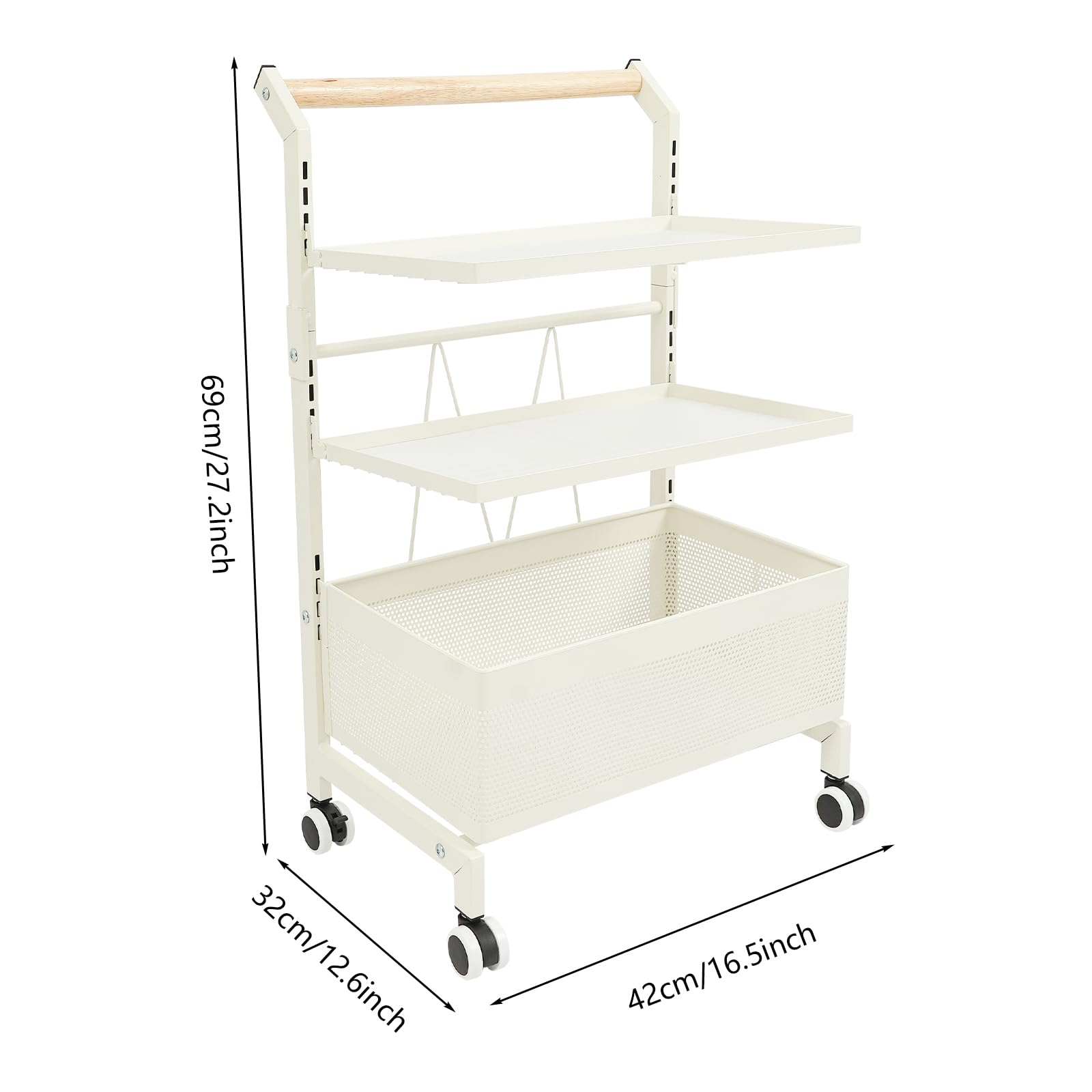 Carrello da portata multiuso con ruote a 3 livelli, in acciaio al carbonio, per cucina, ufficio, bagno con ruote, 42 x 32 x 69 cm