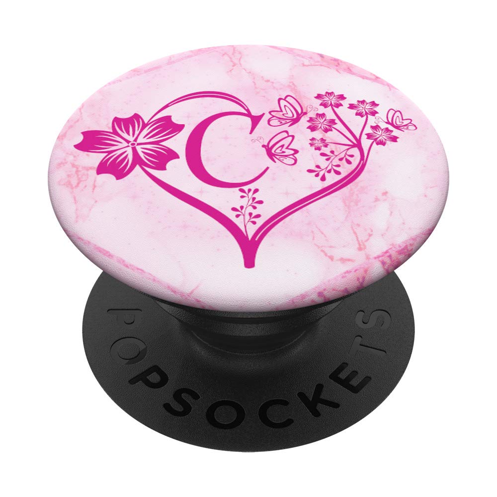 Letter C Initial Pink Heart PopSocket - Adhesive Phone Grip With Swappable Top