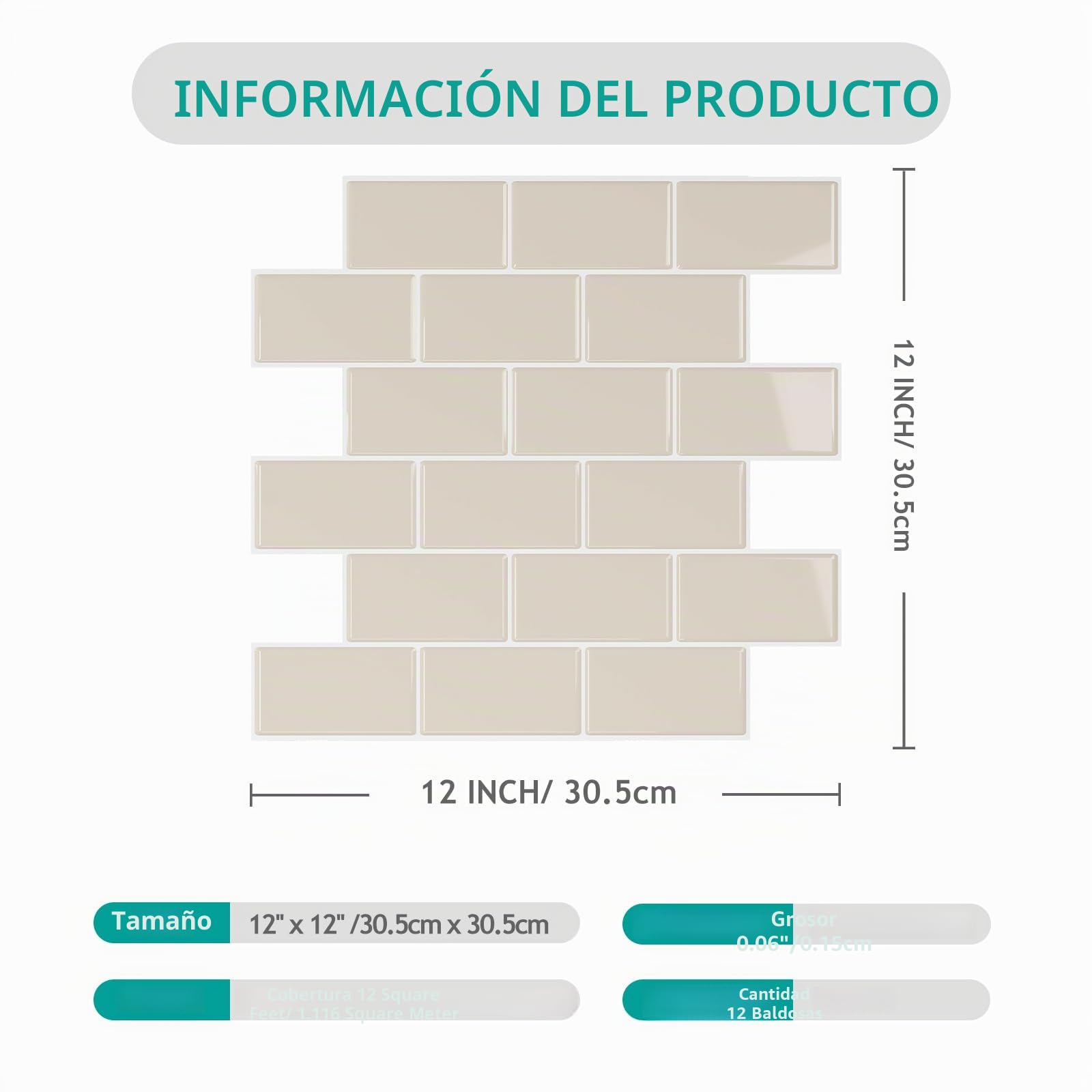 VEELIKE Vinilos Cocina Azulejos Beige 3D Rectangulares Azulejos Adhesivos Baño Adhesivos Pegatinas de Baldosas Adhesivas Pared Comedor Papel Adhesivo para Azulejos Extraíbles 30.5cm×30.5cm 12 Piezas
